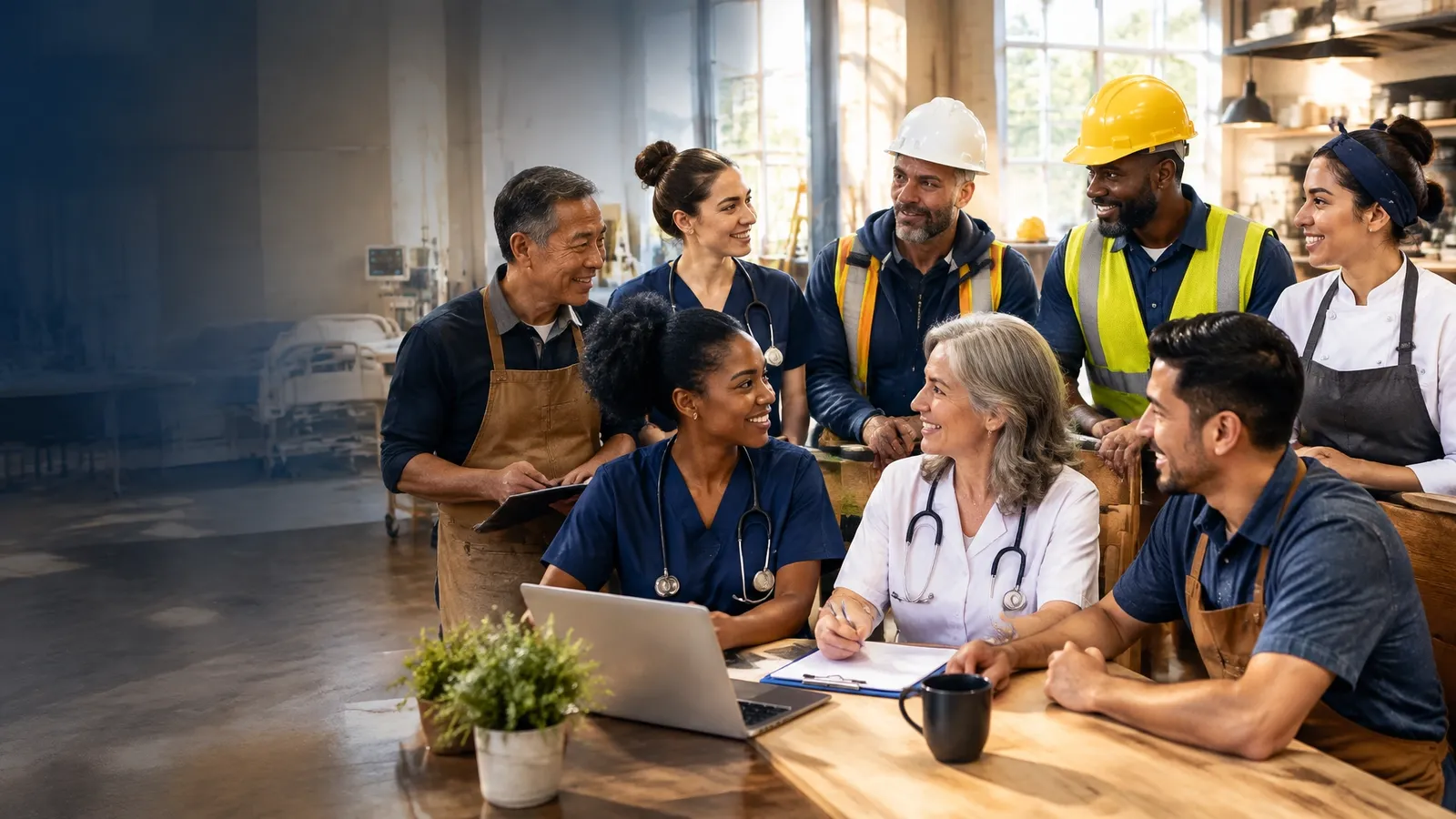 A diverse group of nurses, construction workers, and restaurant staff connecting around a table